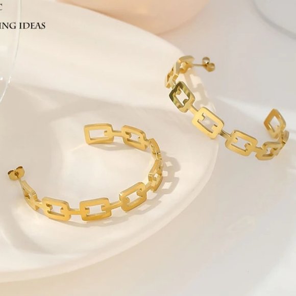 NEW 18K Gold Plated Link Chain Round Hoop Earrings - Picture 6 of 7